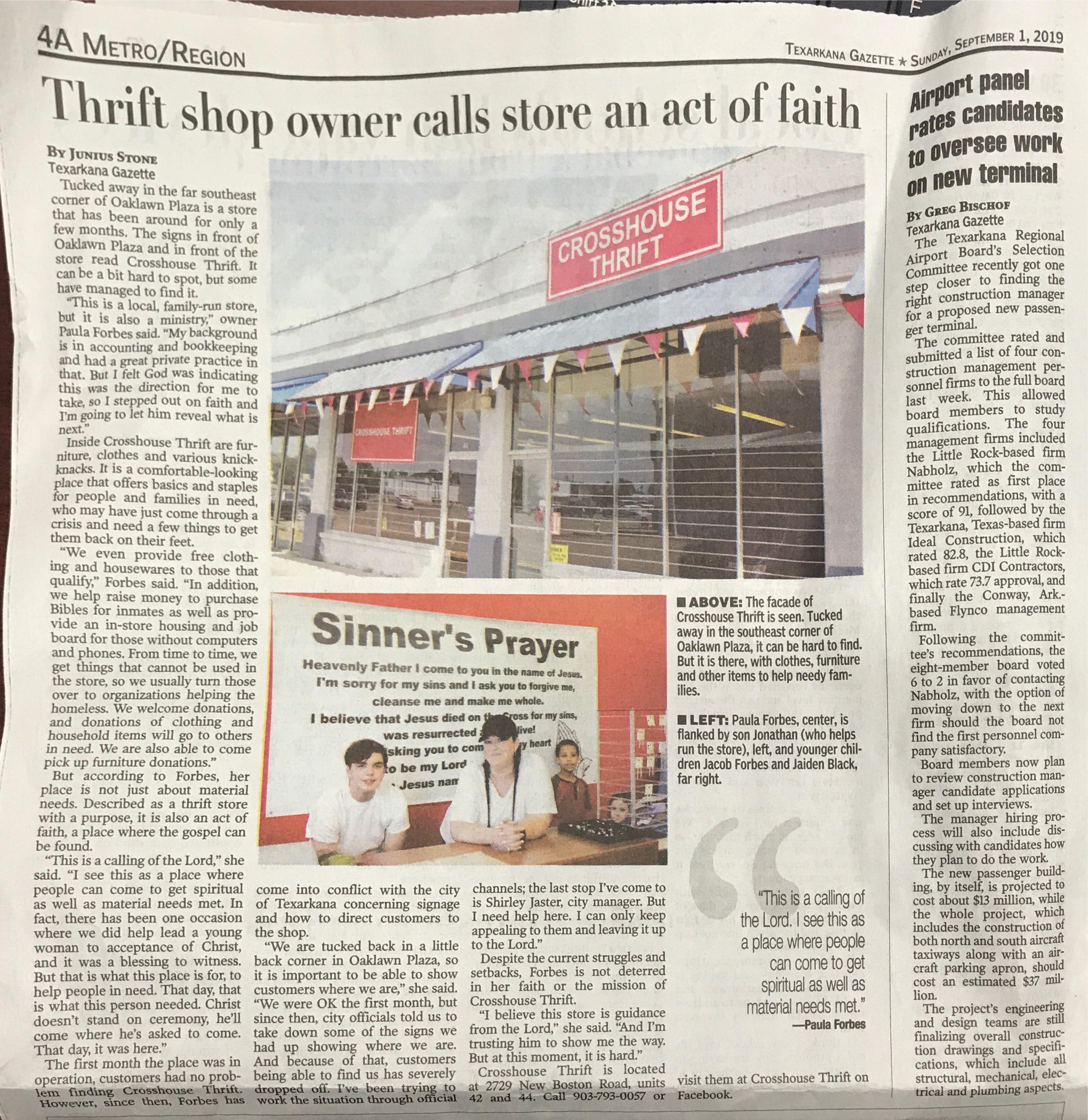 newpaper article about Crosshouse Thrift Store