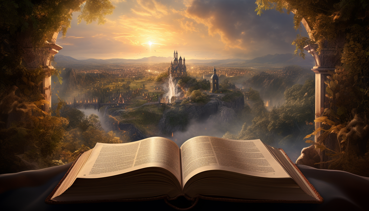 a picture of a bible open infront of the view of a city