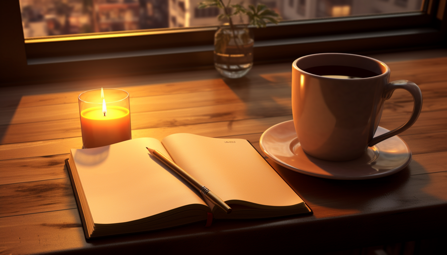 a picture of a notepad coffee cup and candle ready to write a blog